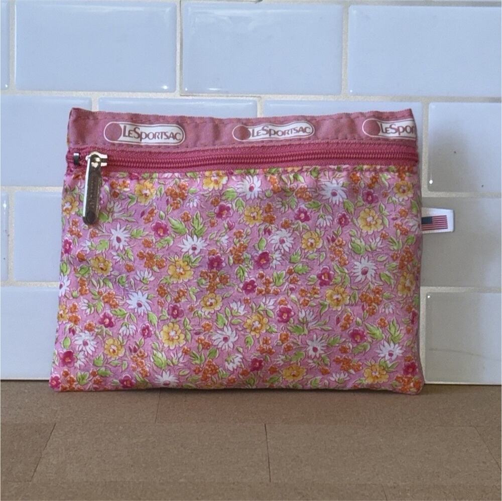 LeSportsac Pink Multicolor Floral Zipper Makeup Bag Pouch 9 in x 6 in